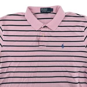 Polo Ralph Lauren Polo Shirt Mens Large Pink Navy Blue Striped Casual S/S Cotton